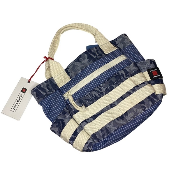 Zara Handbags - NWT Zara SRPLS Tote Medium Canvas Blue Cream Striped Camo